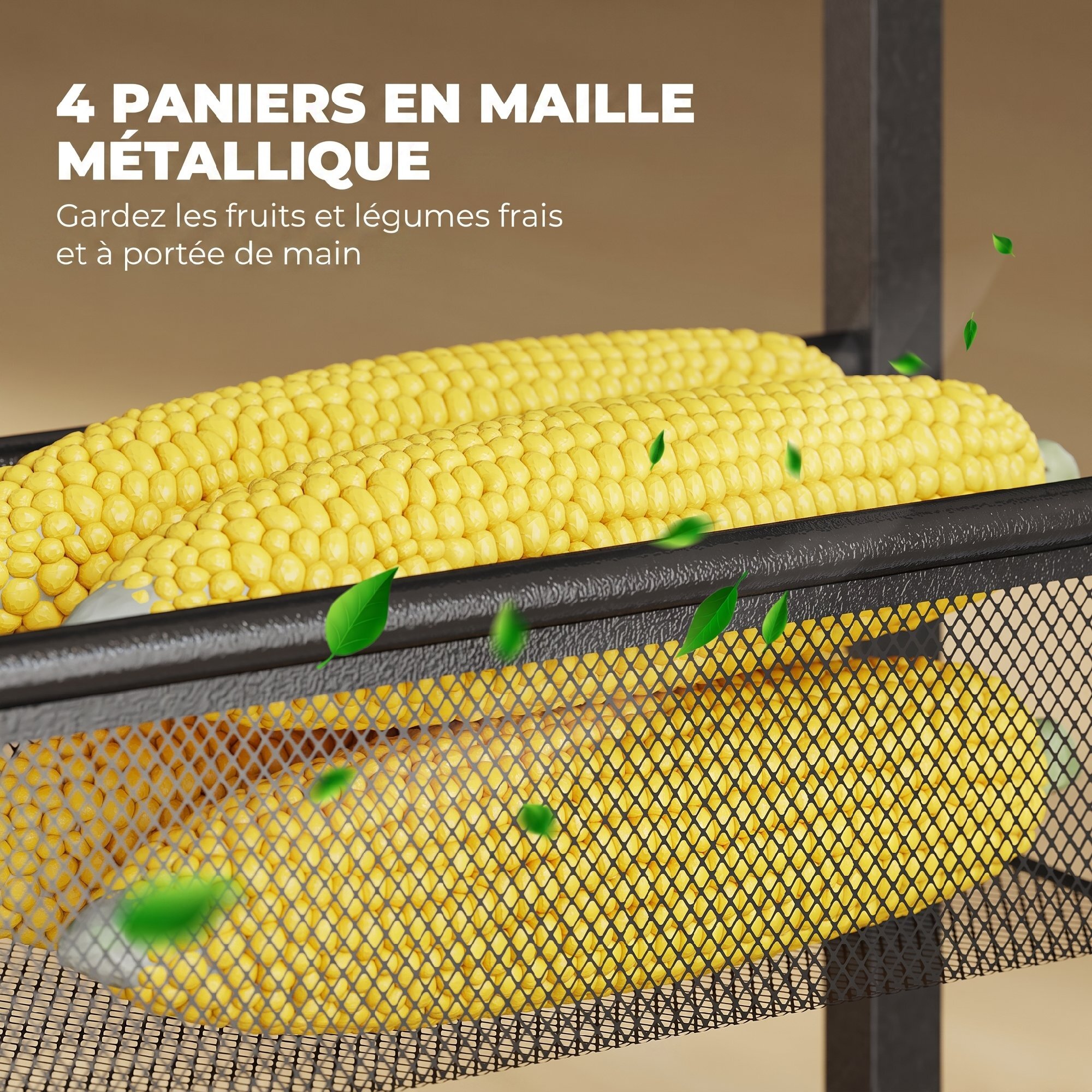 Desserte cuisine 4 paniers maillage métallique plateau effet bois
