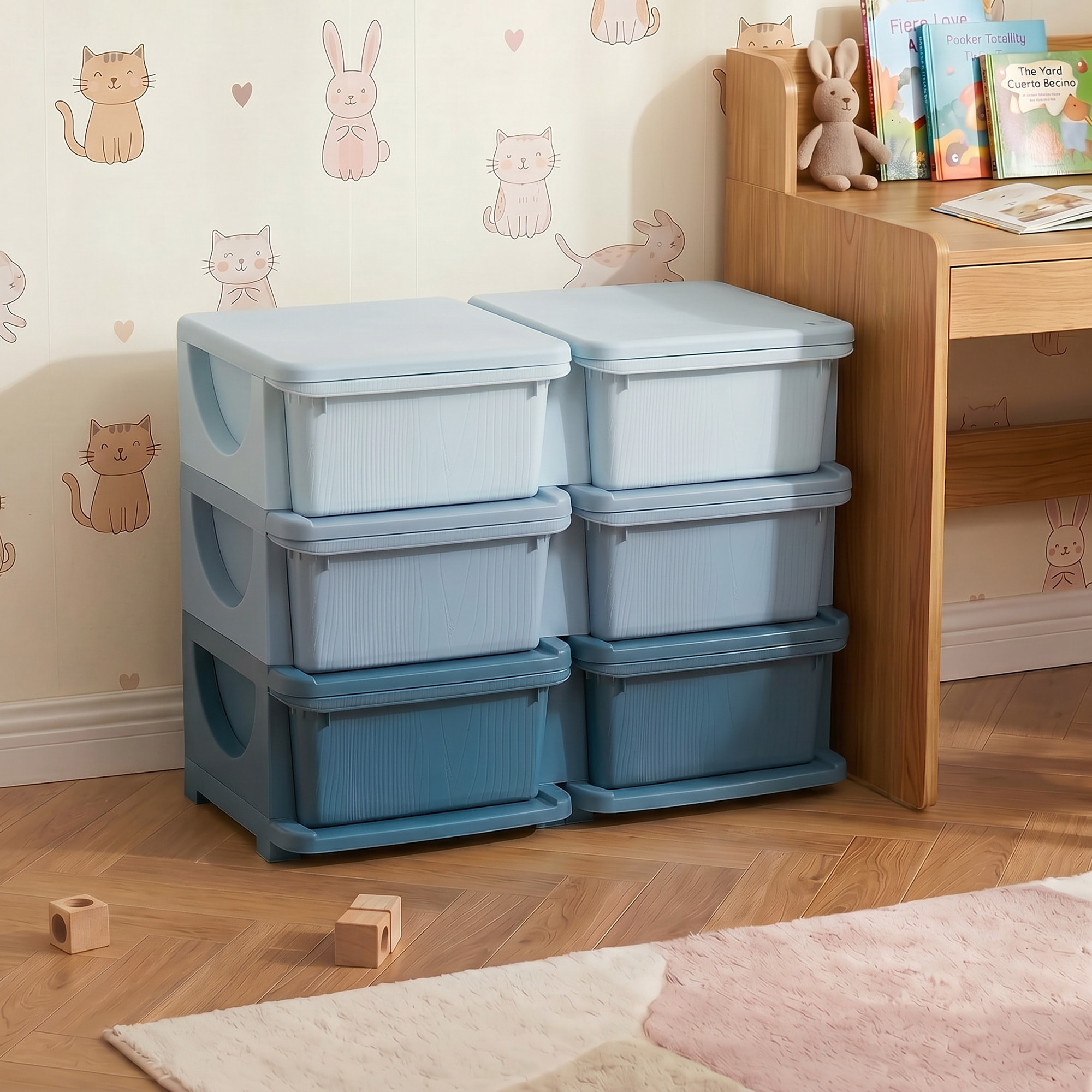 Organisateur de jouets enfant 6 tiroirs 3 niveaux bleu