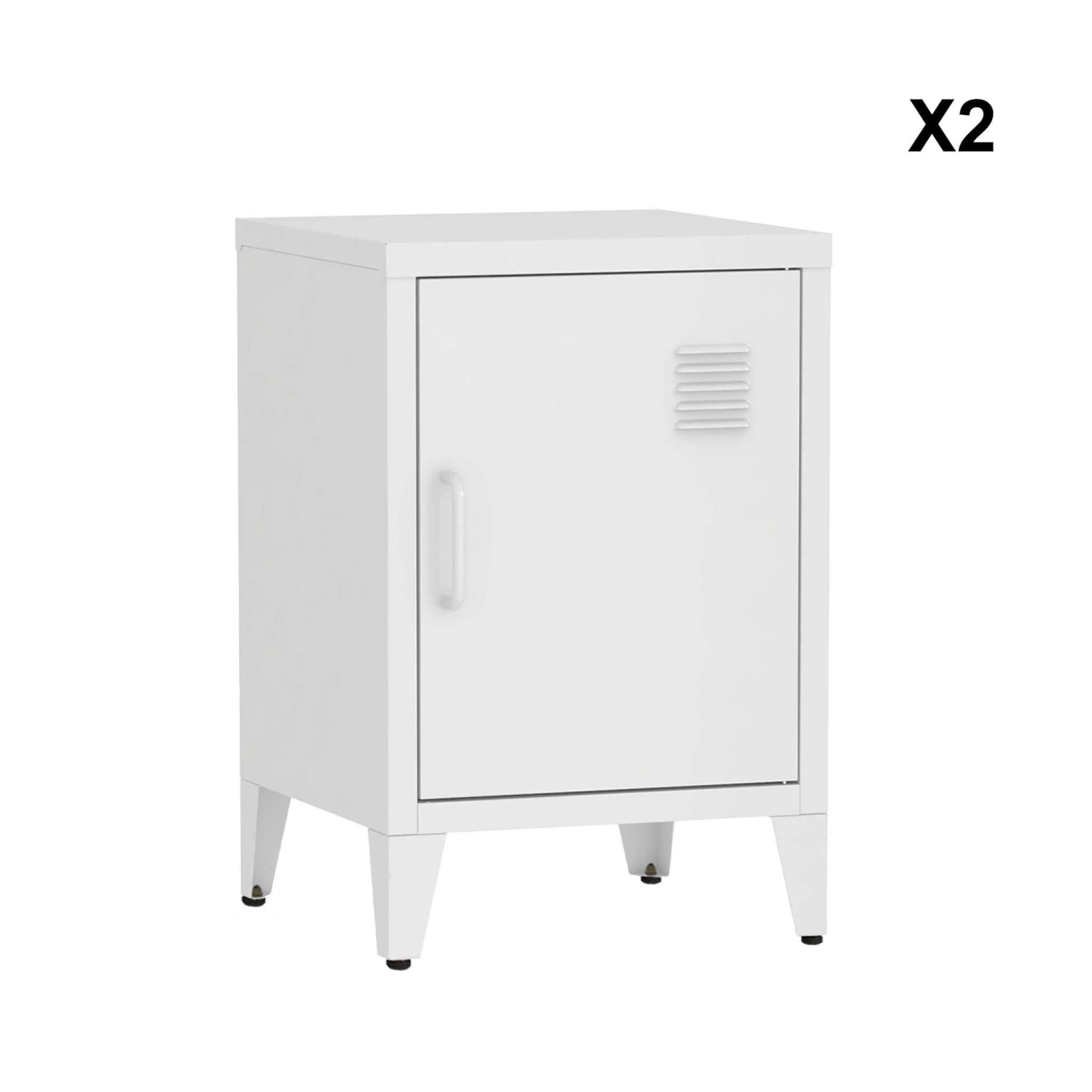 Lot de 2 tables de chevet en acier 1 porte. Blanc. casier. L 38 x P 38 x H 55.7 cm