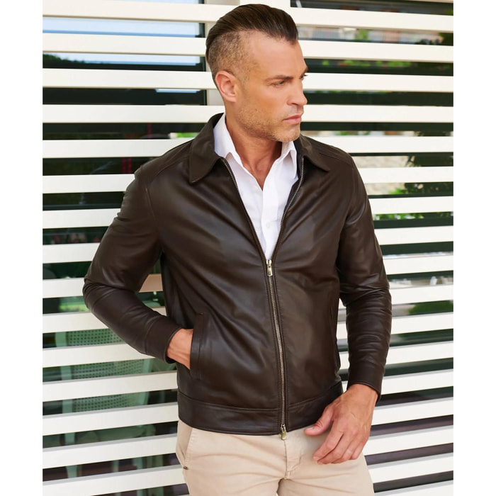 Giacca in pelle naturale marrone effetto liscio collo camicia