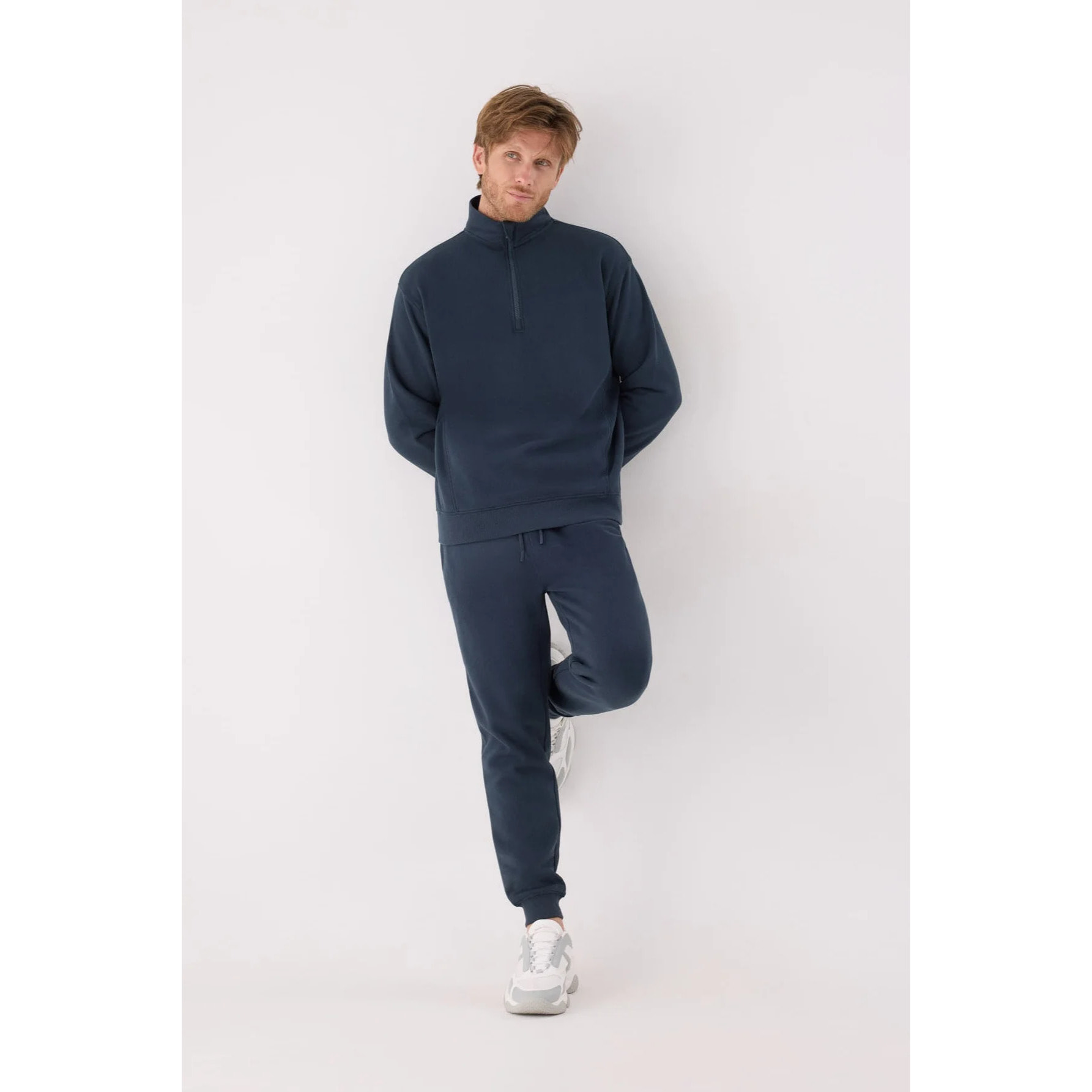 Sudadera deportiva hombre afelpada semi cremallera azul marino