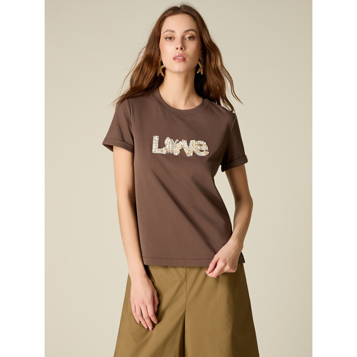Oltre - T-shirt con ricamo gioiello lettering - Marrone