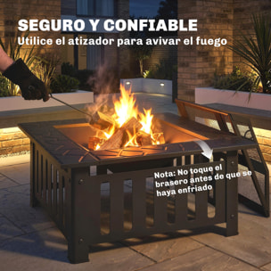 Brasero Exterior de Acero Cuadrado, 67x67x47 cm, Brasero Exterior Jardín con Atizador, Tapa de Malla, para Terraza, Camping, Fiesta, Negro