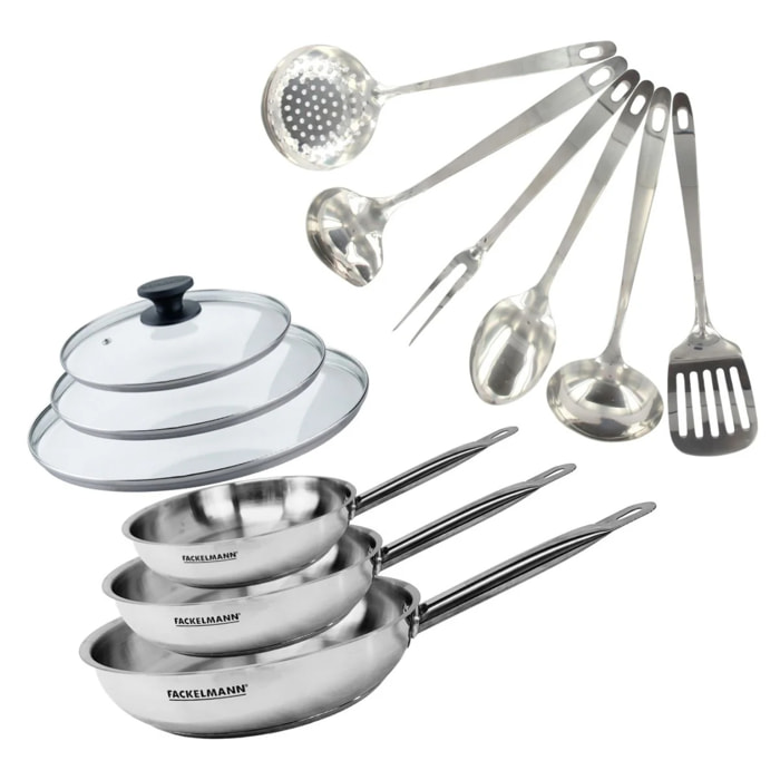 Set de 3 poêles 20, 24 et 28 cm en inox, 3 couvercles verre et 6 ustensiles inox Fackelmann Eterna