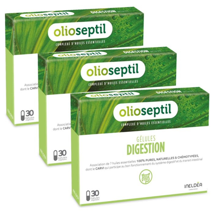OLIOSEPTIL - Gélules Digestion - Favorise le Confort Digestif & Améliore le Transit - Réduit les Ballonnements - Complexe d'Huiles Essentielles 100% Pures et Naturelles - Sans Gluten - Lot de 3
