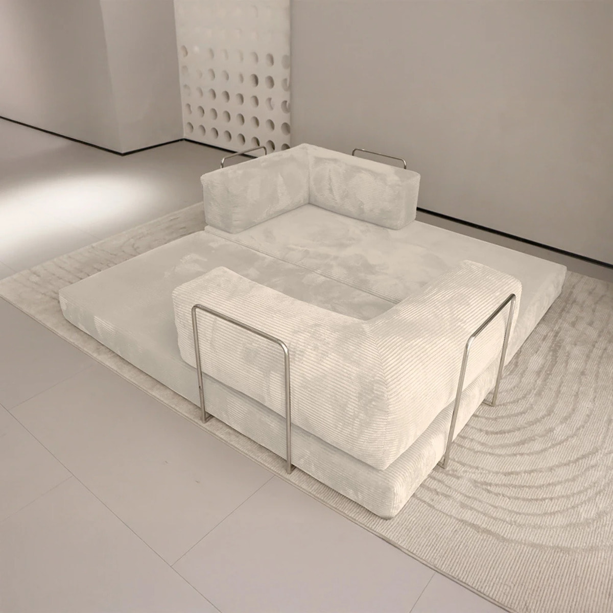 TRENDY - Canapé compressé 5 places angle modulable en velours côtelé crème