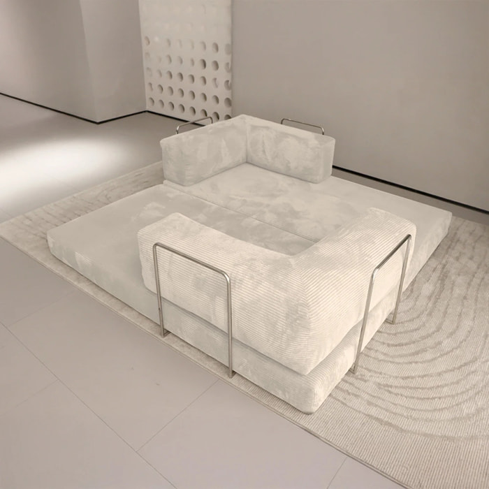TRENDY - Canapé compressé 5 places angle modulable en velours côtelé crème