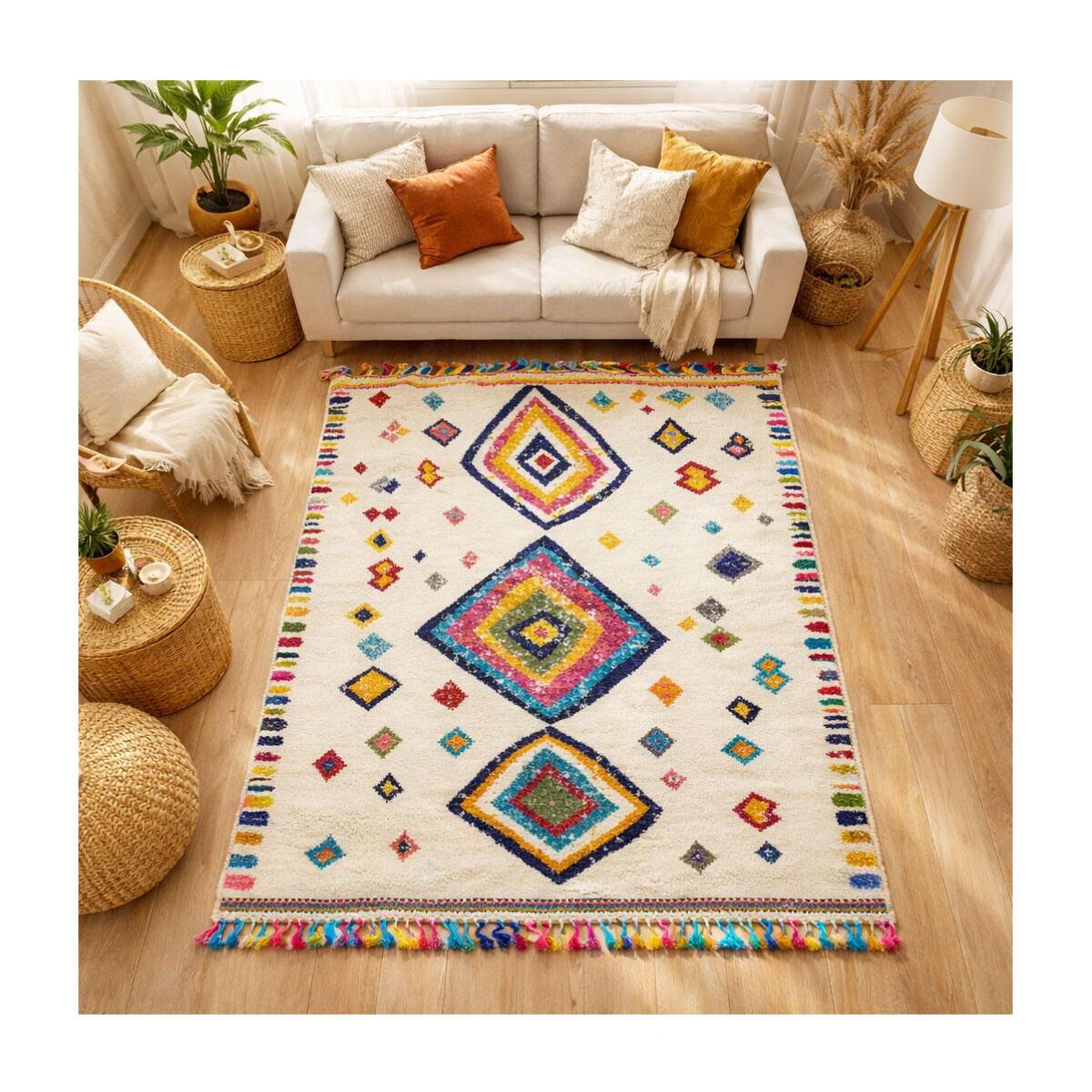 Tapis Mevo crème et multicolore motif traditionnel berbère