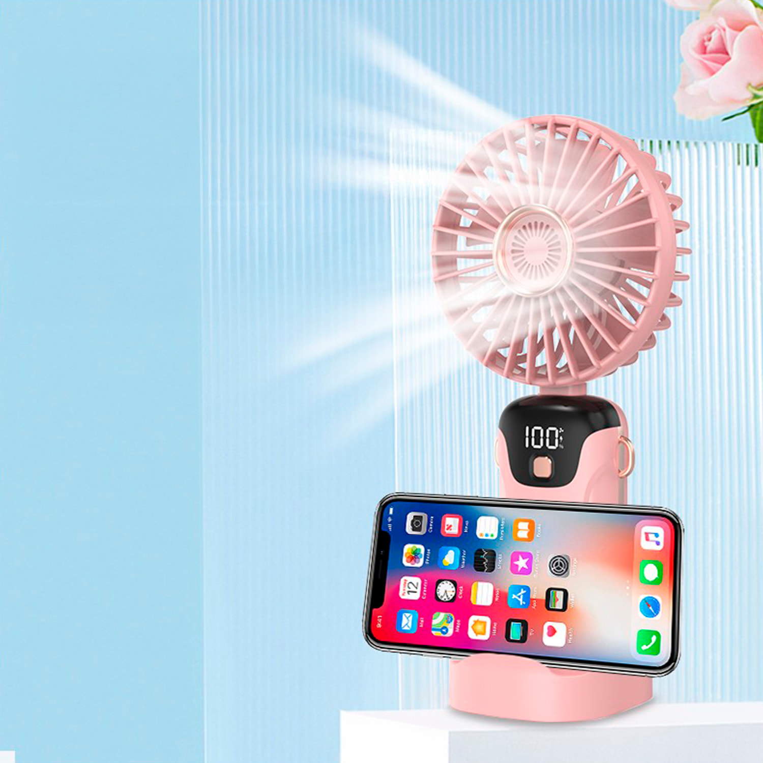 Mini ventilador de mano con aromaterapia, pantalla LED, 5 velocidades, giro con ángulo ajustable de 90° y batería recargable.