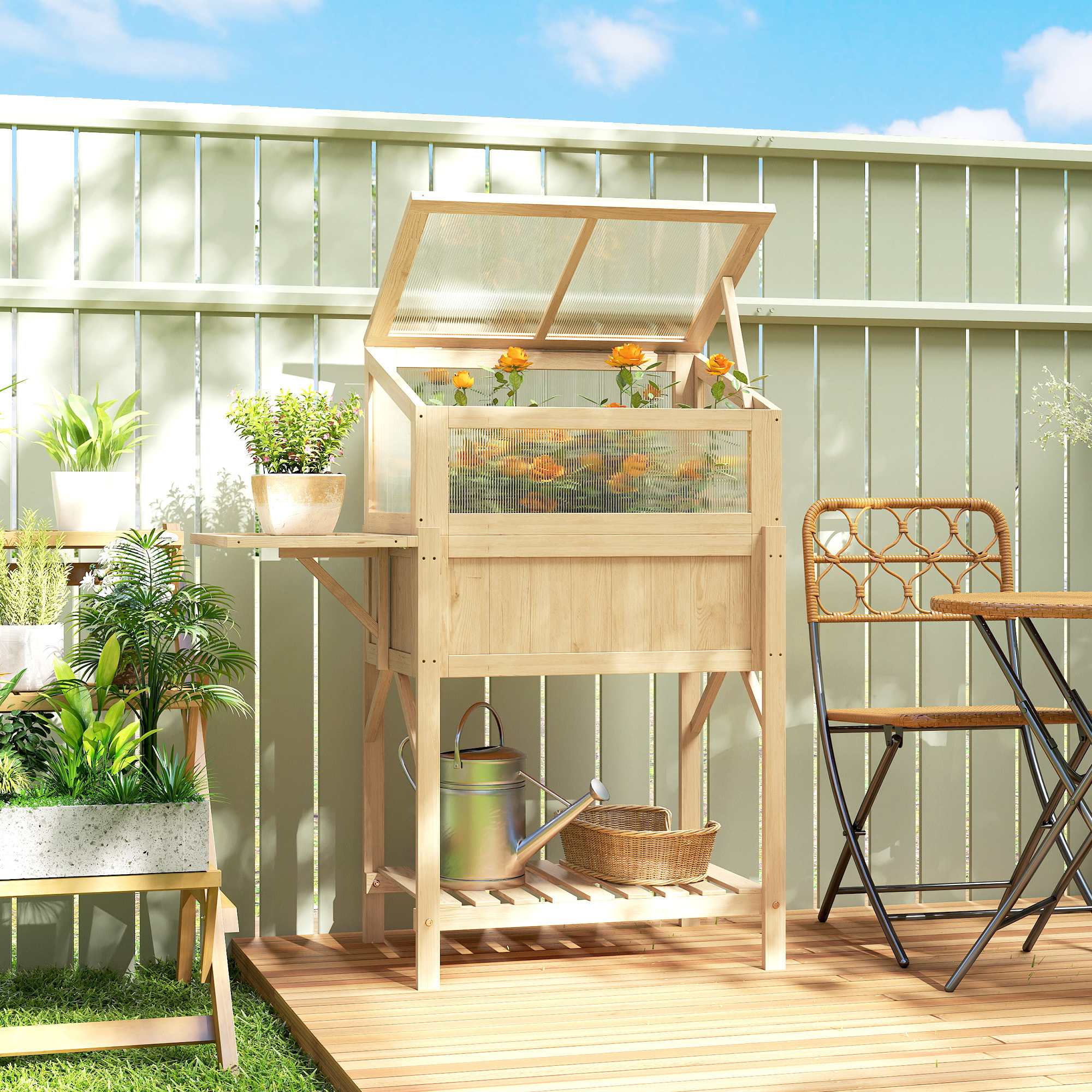 Carré potager sur pieds avec serre en bois naturel