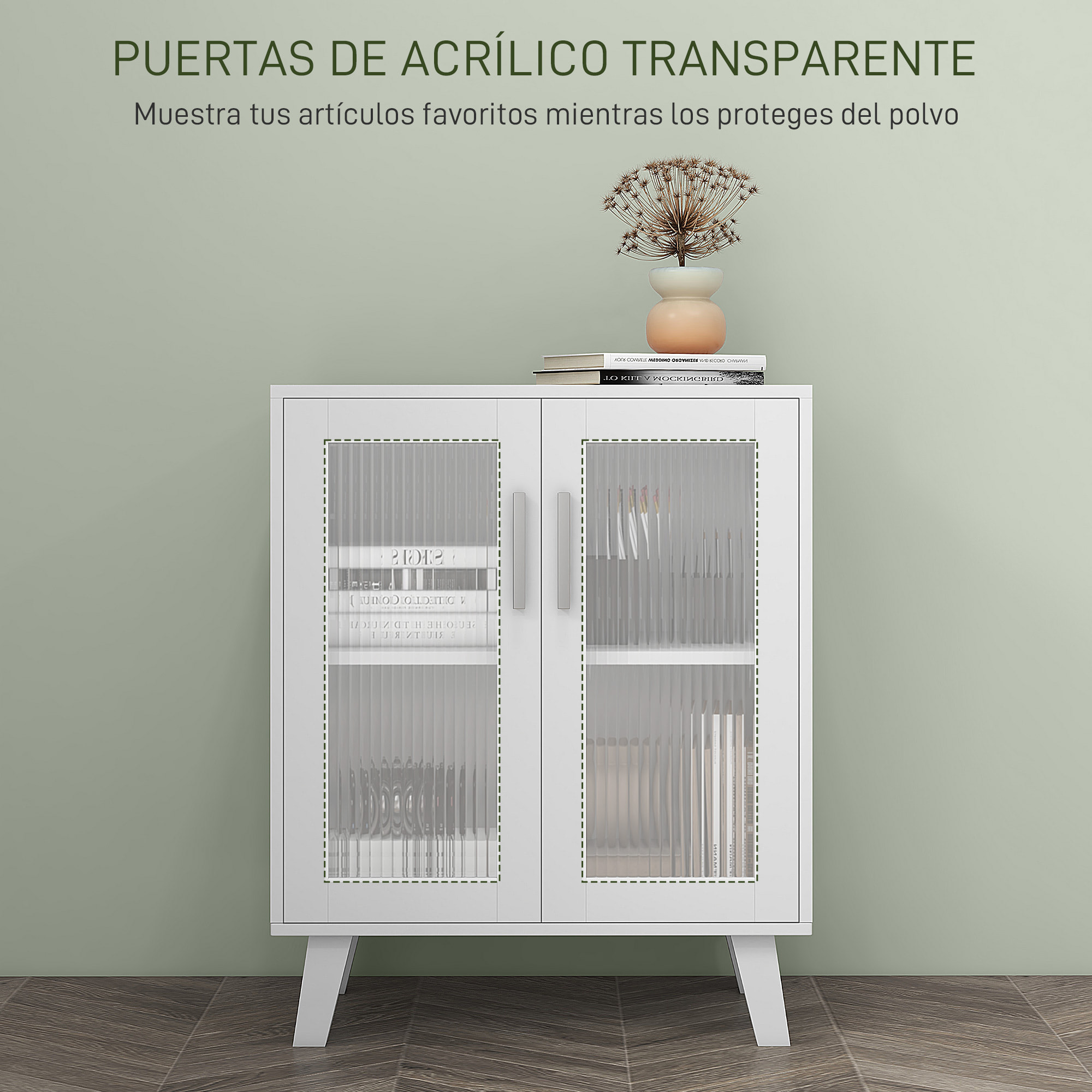 Aparador de 2 Puertas, Aparador de Salón con 2 Estantes, Puertas Transparentes, para Cocina, Entrada, Dormitorio, Blanco, 61x35x75 cm