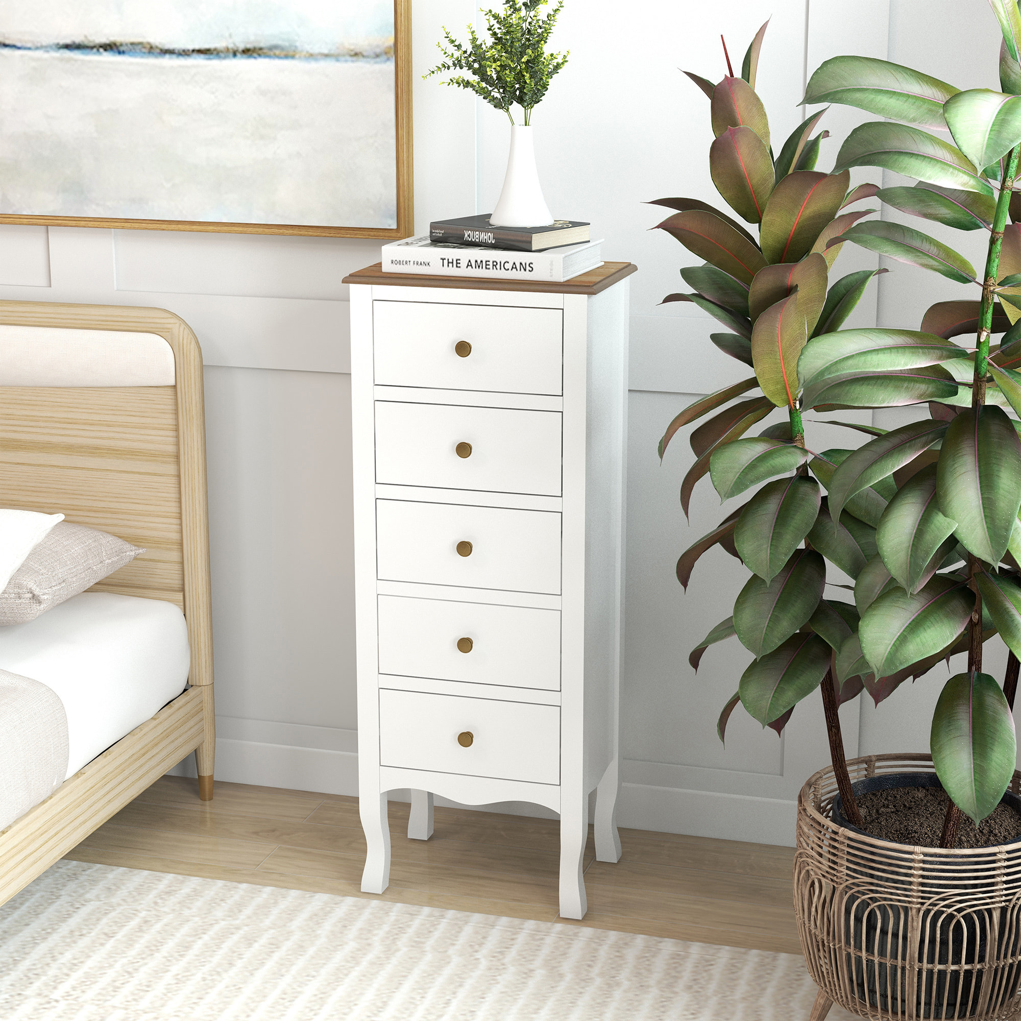 Meuble de rangement chiffonnier style néo-rétro 5 tiroirs poignées boutons bois MDF blanc