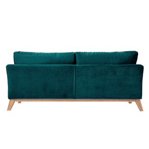 Canapé scandinave déhoussable 3 places en tissu velours bleu pétrole et bois clair OSLO