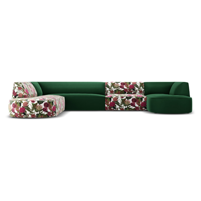 Canapé d'angle gauche panoramique "Charles" 7 places en velours motif de rose de jardin,vert