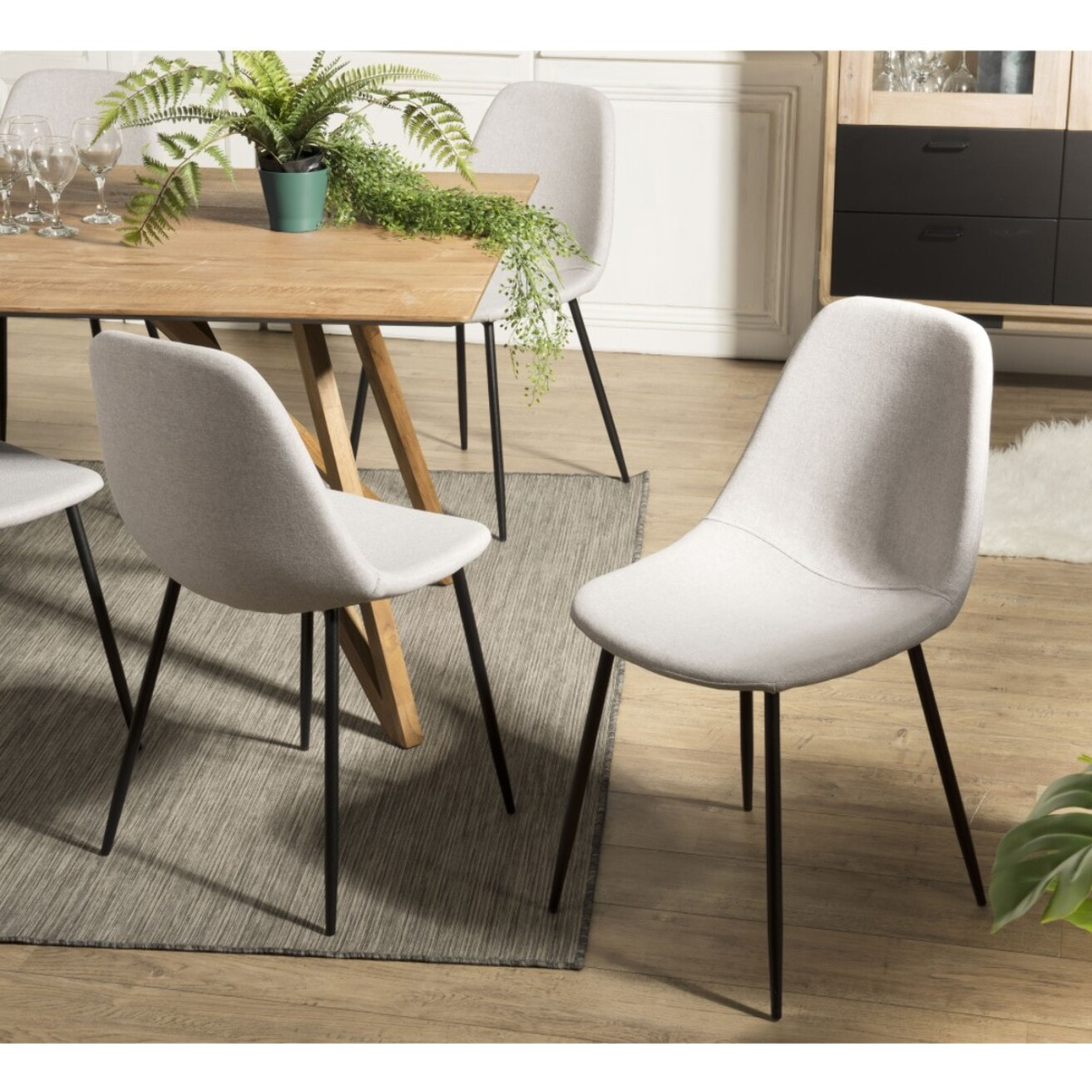 TOM - Lot de 2 chaises tissu blanc écru pieds métal noir