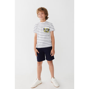 Conjunto Niño Verano 2 Piezas Camiseta de Rayas Blanca y Azul con Bolsillo Estampado Tropical + Bermuda Azul Marino, Transpirable | Color: Rayas azul | Street Monkey