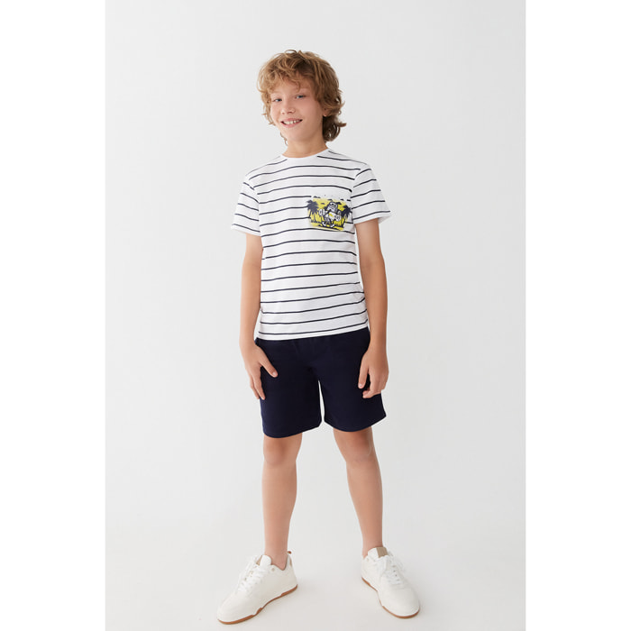 Conjunto Niño Verano 2 Piezas Camiseta de Rayas Blanca y Azul con Bolsillo Estampado Tropical + Bermuda Azul Marino, Transpirable | Color: Rayas azul | Street Monkey