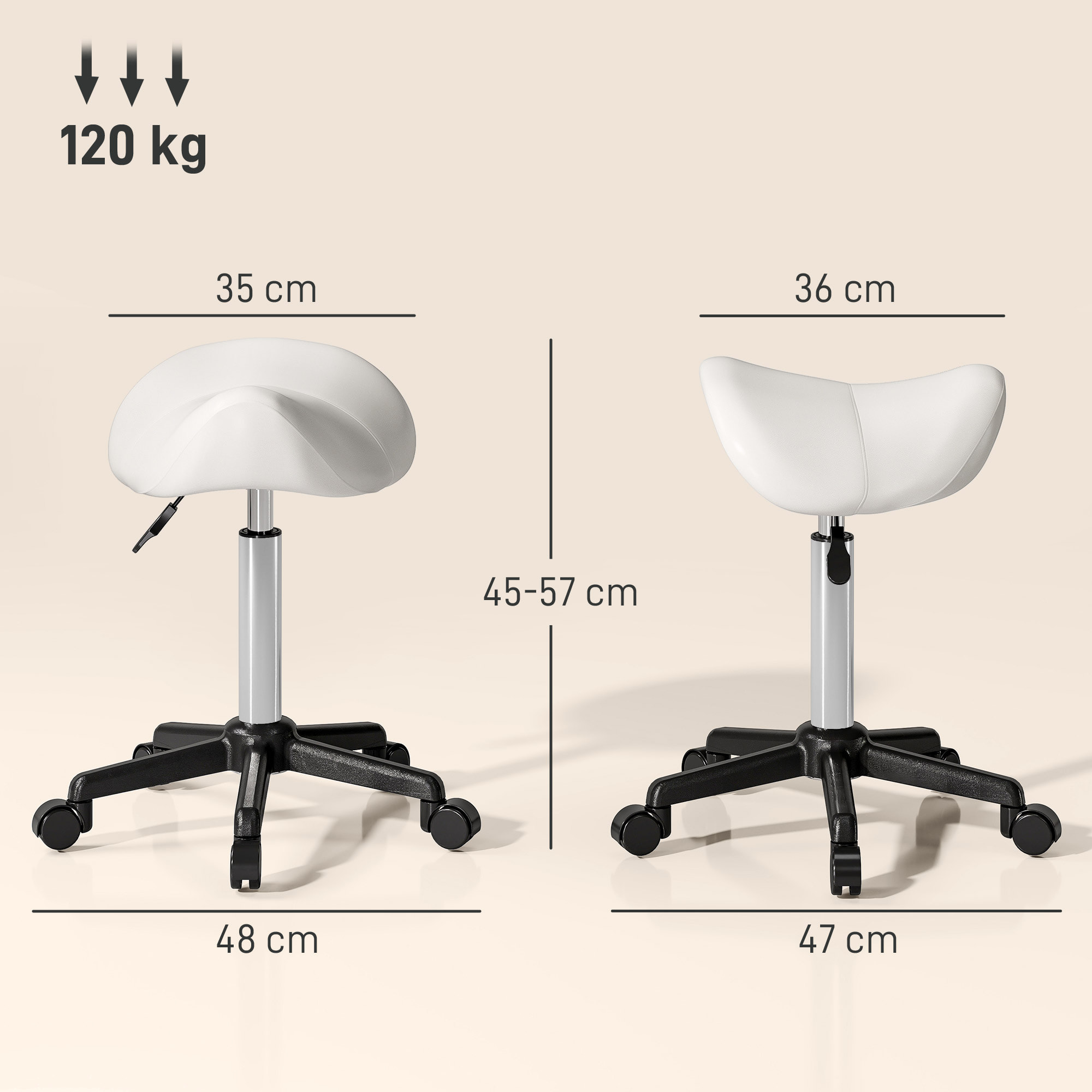 Tabouret de massage tabouret selle ergonomique pivotant 360° hauteur réglable revêtement synthétique blanc