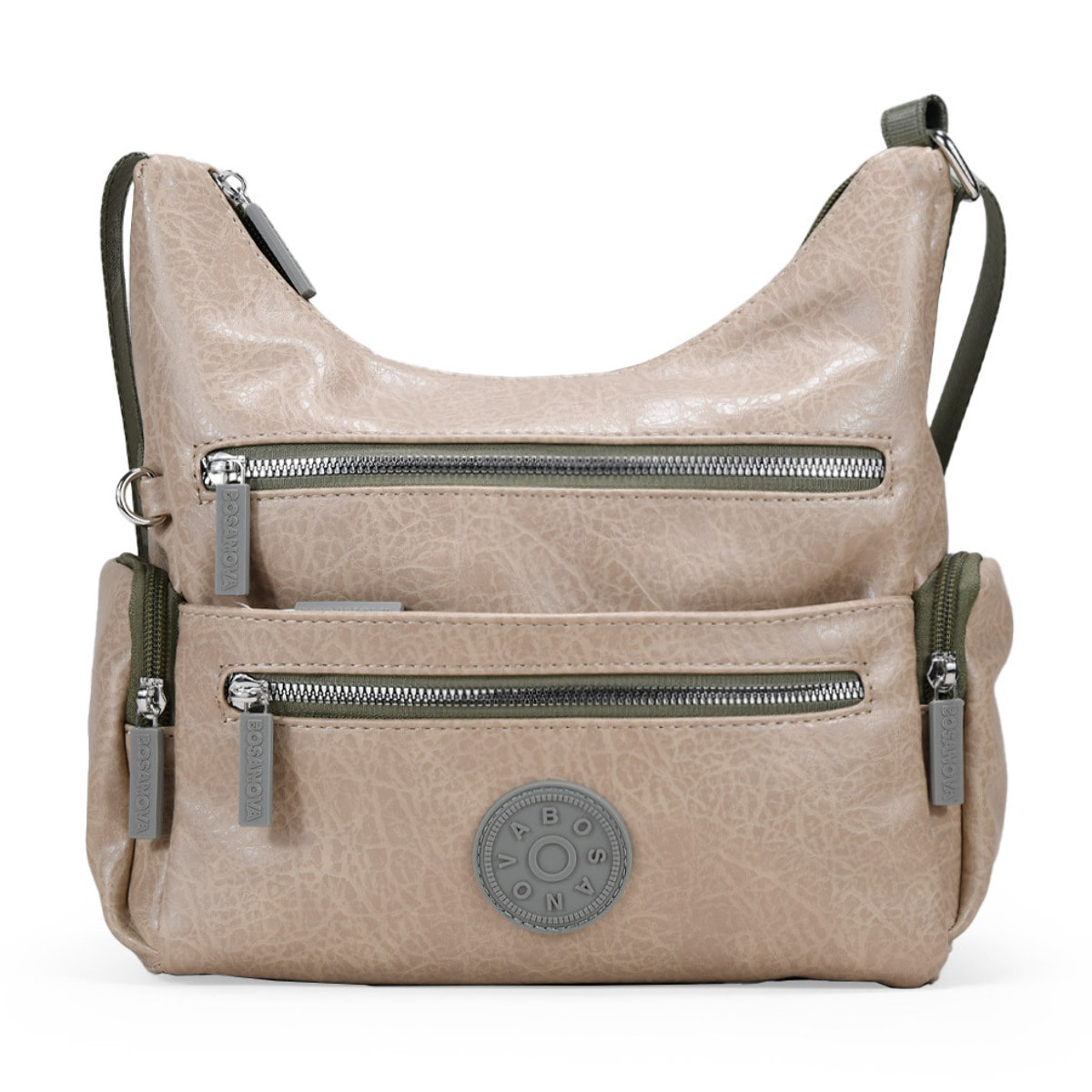Bolso bandolera beige con cremalleras verdes