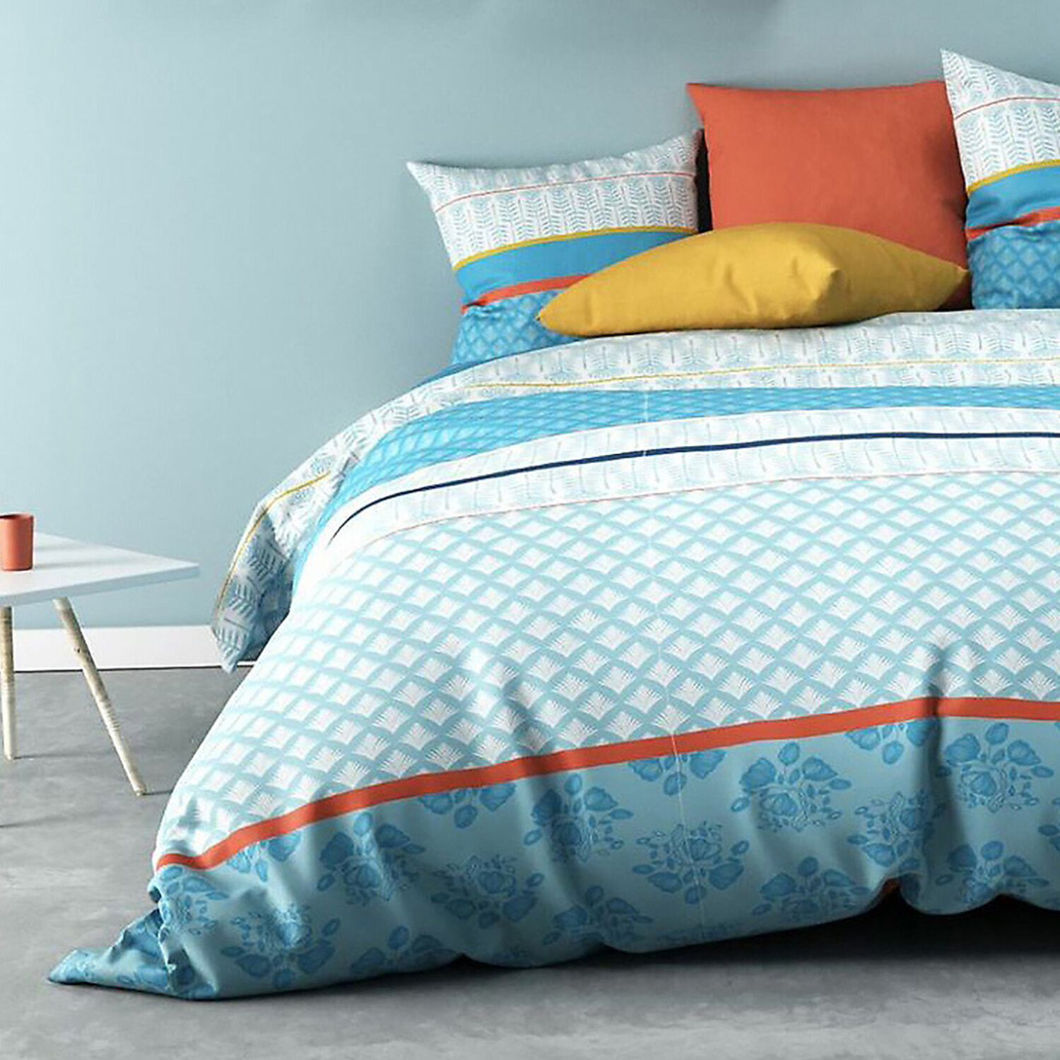 Housse de couette + taies 100% coton 57fils eva blue