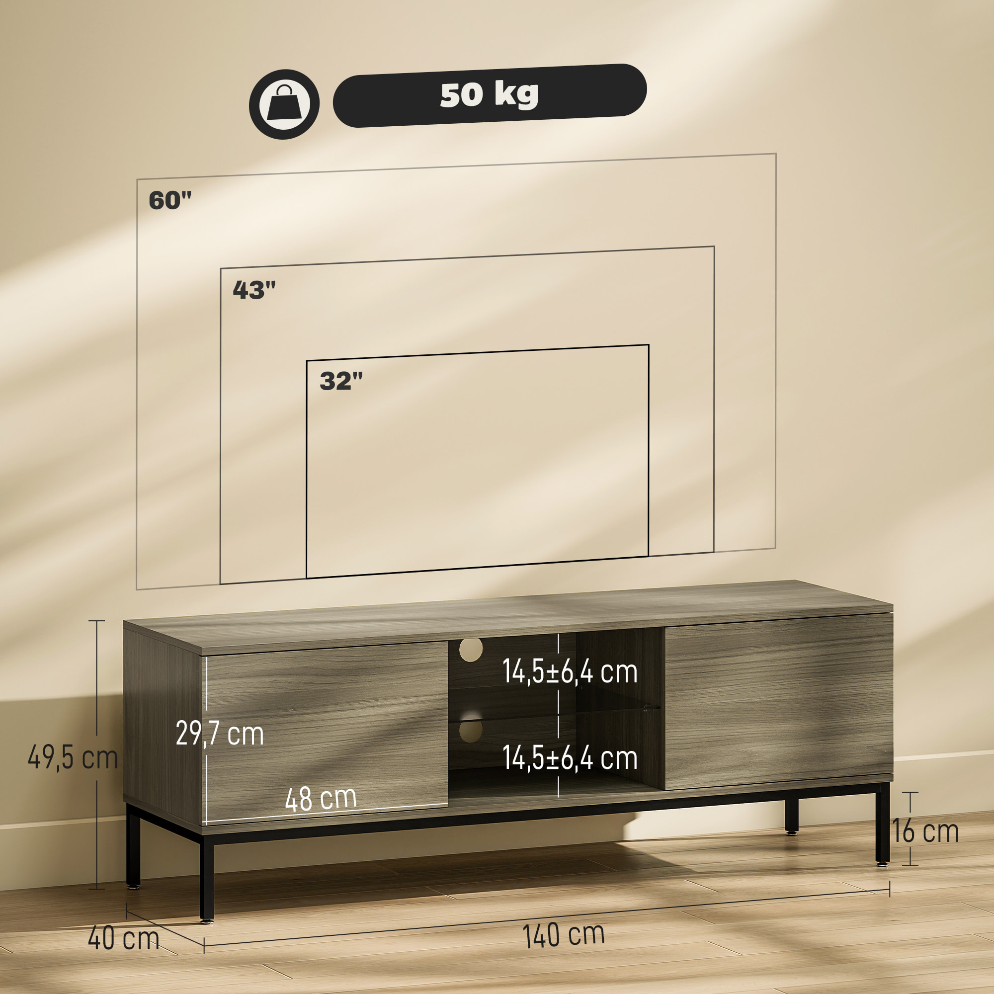 Meuble TV banc TV 2 portes étagère verre 140x40x49cm piètement acier noir effet bois gris