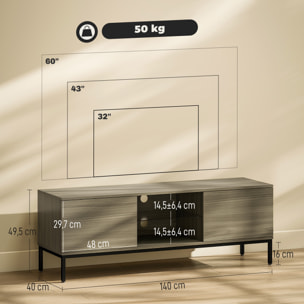 Meuble TV banc TV 2 portes étagère verre 140x40x49cm piètement acier noir effet bois gris