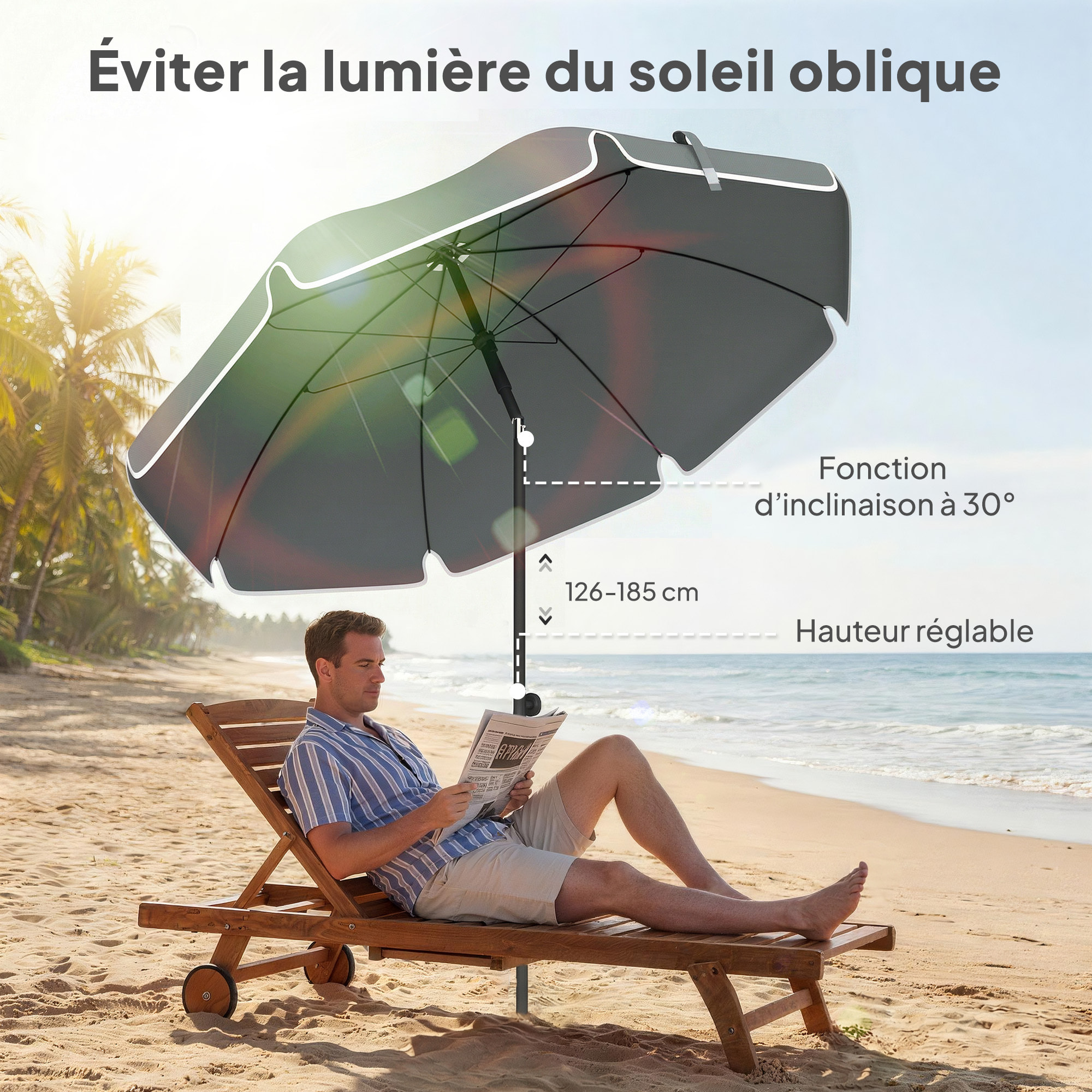 Parasol de plage inclinable dia. 1,5 m lambrequin vagues douces liseret blanc gris