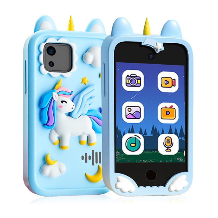 Cámara infantil K8 con forma de teléfono. Con cámara dual de hasta 12MP, video de 1080p y pantalla táctil IPS de 2.8". Con funda de silicona de unicornio.
