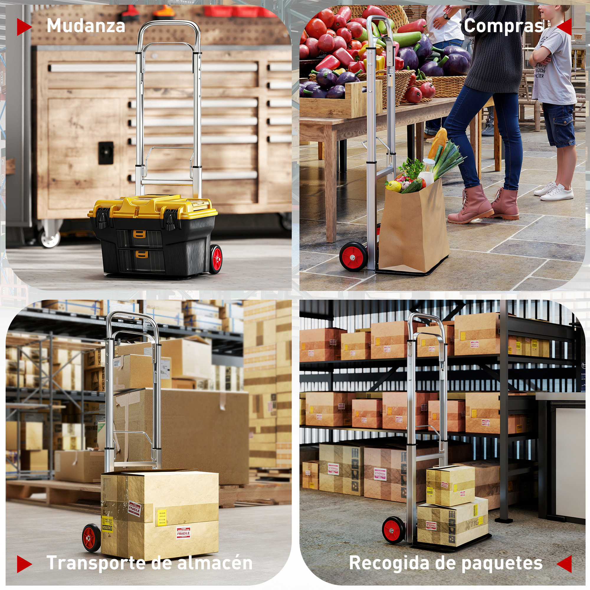 Carretilla Plegable de Aluminio con Mango Telescópico Ajustable, Carga 90 kg, Carretilla de Mano con Ruedas, para Garaje, Oficina, Equipaje, Viajes, Mudanzas y Compras, Plata y Negro