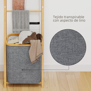 Estantería para Baño de Bambú, Toallero de Pie con 3 Barras, Cesto para Ropa Sucia Extraíble de 48 L, para Dormitorio, Lavadero, Gris