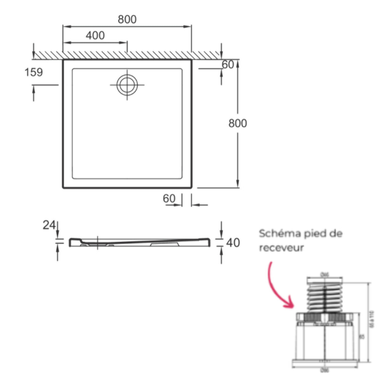 Receveur de douche 80 x 80 Gaspard céramique carré avec kit de réhausse