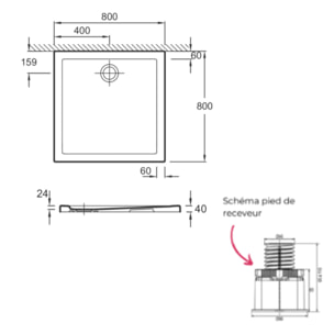 Receveur de douche 80 x 80 Gaspard céramique carré avec kit de réhausse