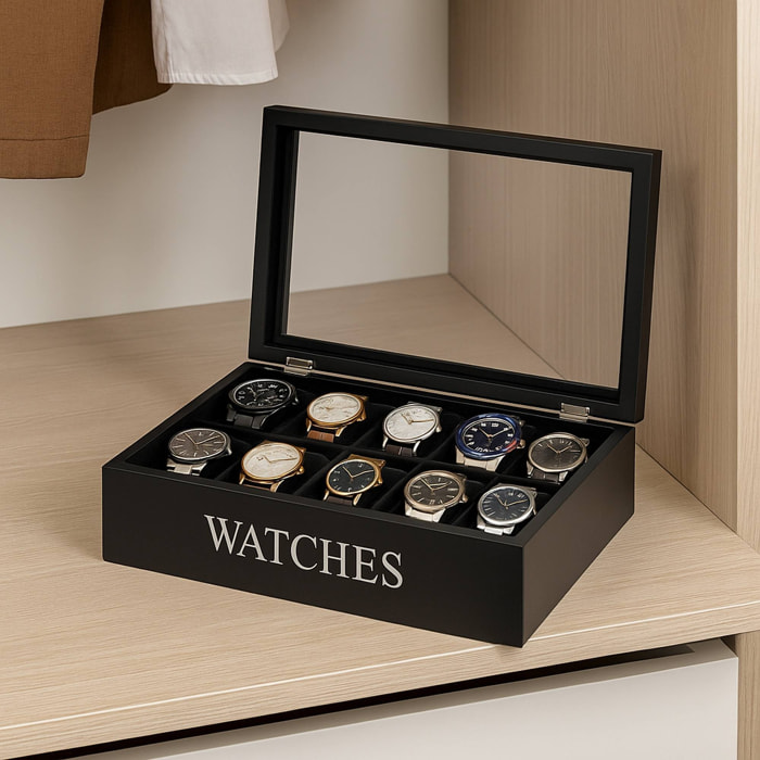 caja mdf para 12 relojes 34x20x8.5cm, color negro con impresión plateada