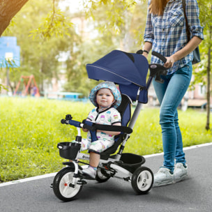 Triciclo para Bebés Plegable Triciclo Evolutivo 2 en 1 para Niños de 12-60 Meses con Toldo Plegable Mango de Empuje Telescópico Reposapiés Cinturón de Seguridad y Cestas Azul