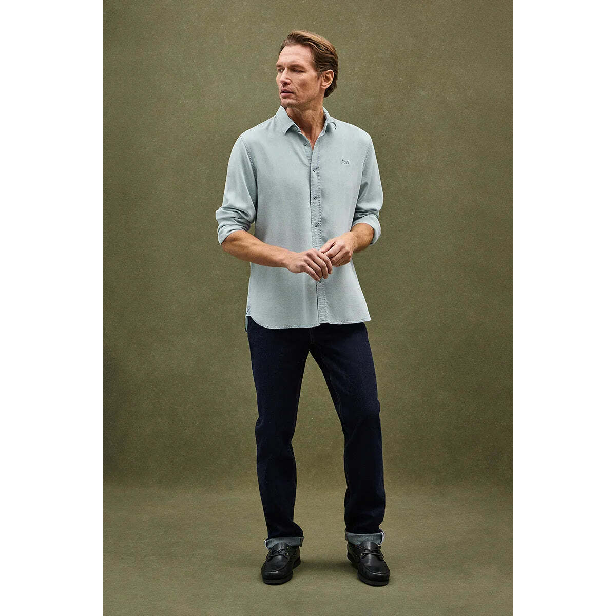 Camicia in tencel celeste con regular fit e logo Polo Club