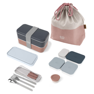 Set repas complet lunch box 2 étages 1L bleu/rose + accessoires