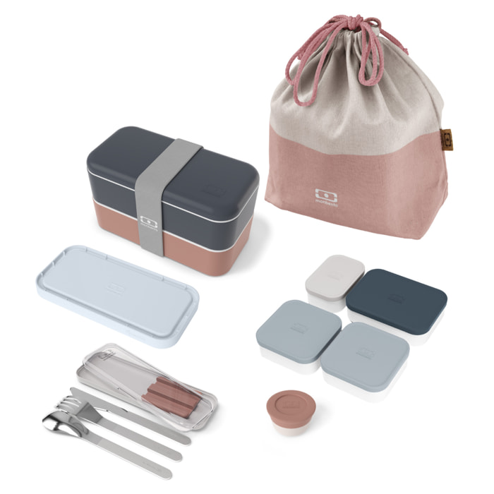 Set repas complet lunch box 2 étages 1L bleu/rose + accessoires