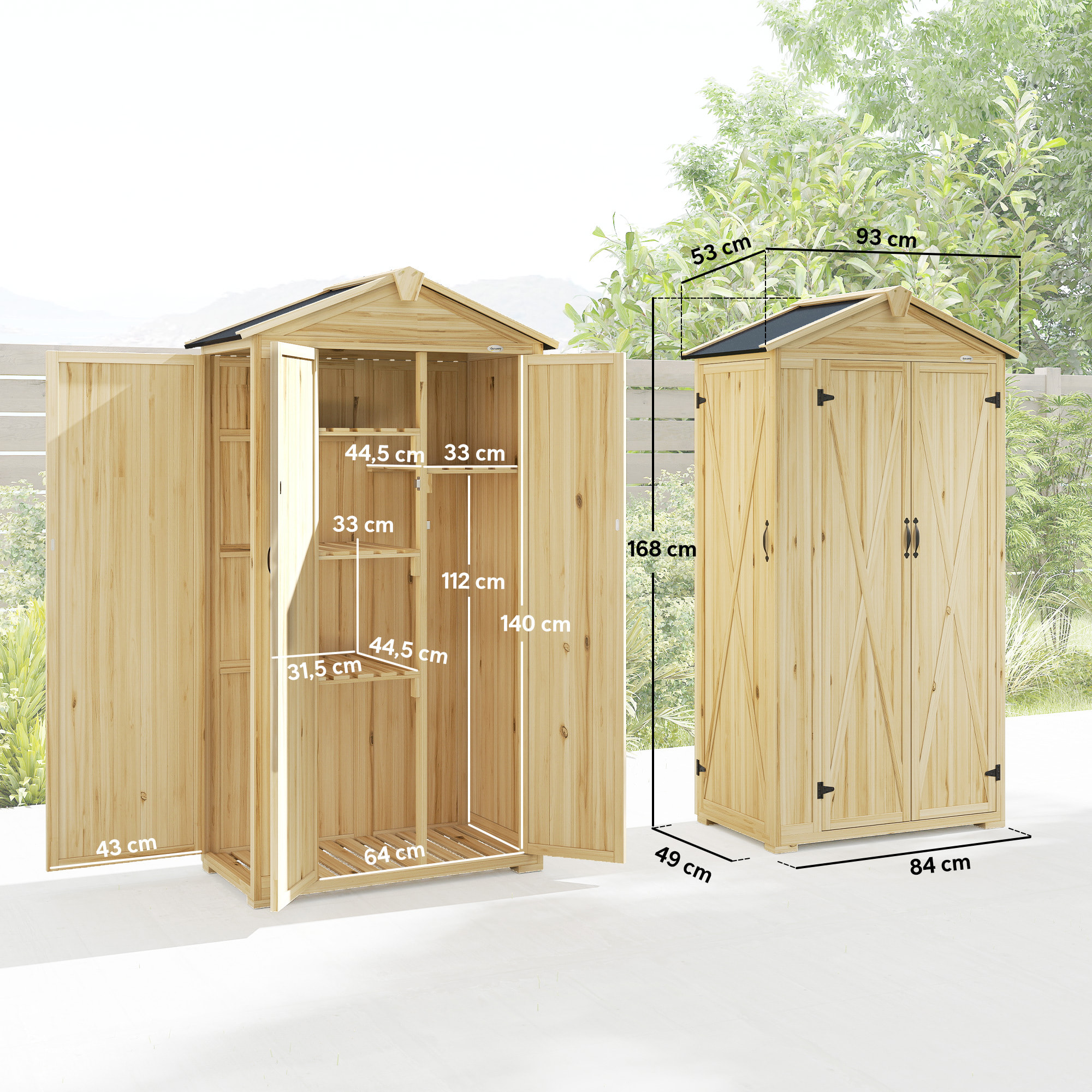 Caseta de Jardín de Madera 93x53x168 cm, Cobertizo Jardín Exterior, Armario Exterior para Herramientas con Puertas Bloqueables, 4 Estantes, Techo Asfáltico Inclinado y Ganchos, Madera Natural