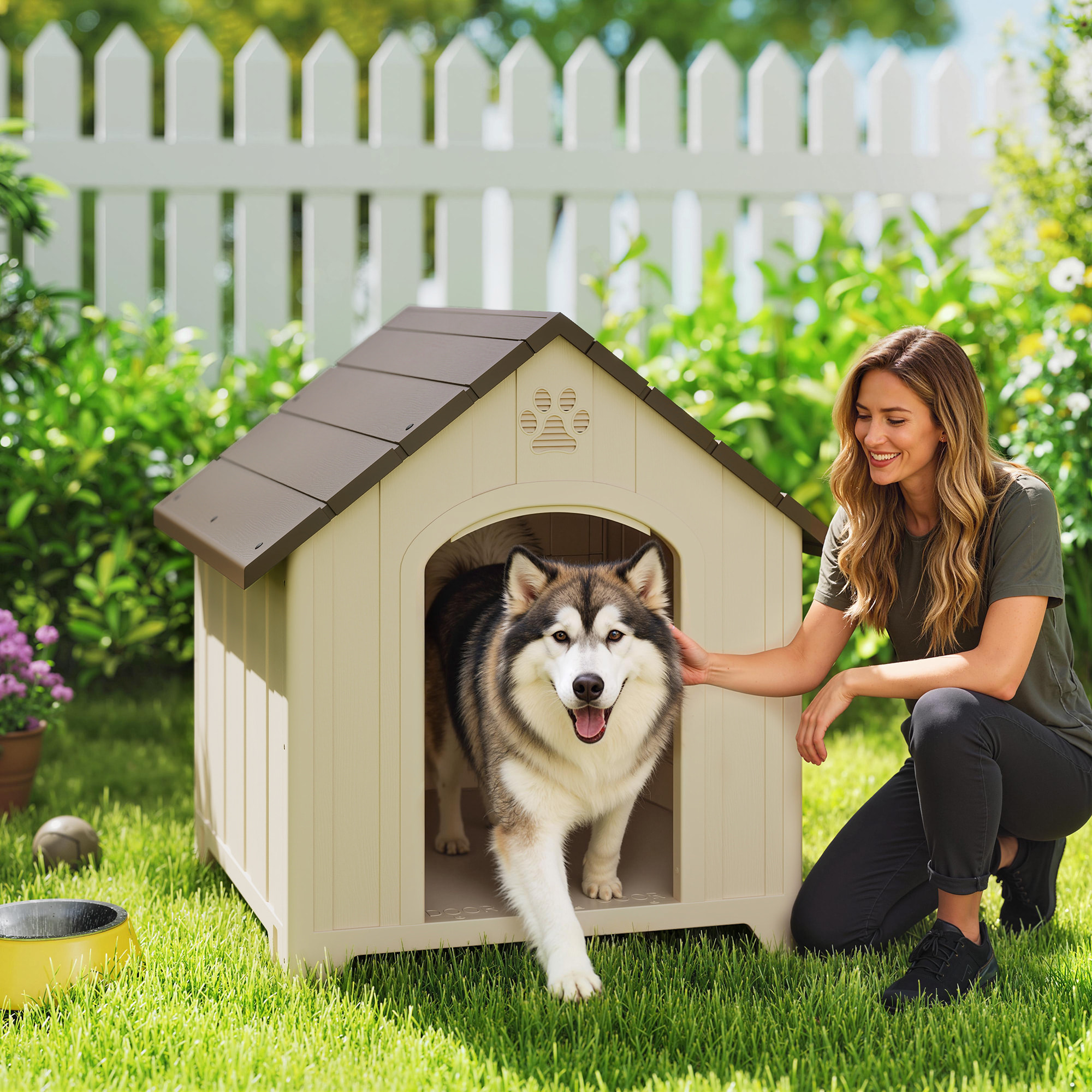Caseta para Perros Exterior, Casa para Perros Extragrandes de Plástico Impermeable con 2 Ventanas, Base Elevada, Estacas, Fácil de Montar, 102x94x103 cm, Beige