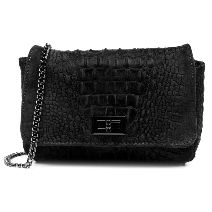 FIRENZE ARTEGIANI Monteriggioni Borsa a Spalla da Donna. Vera Pelle Scamosciata Incisione Coccodrillo Made in Italy 24x8x15 Cm. Colore nero
