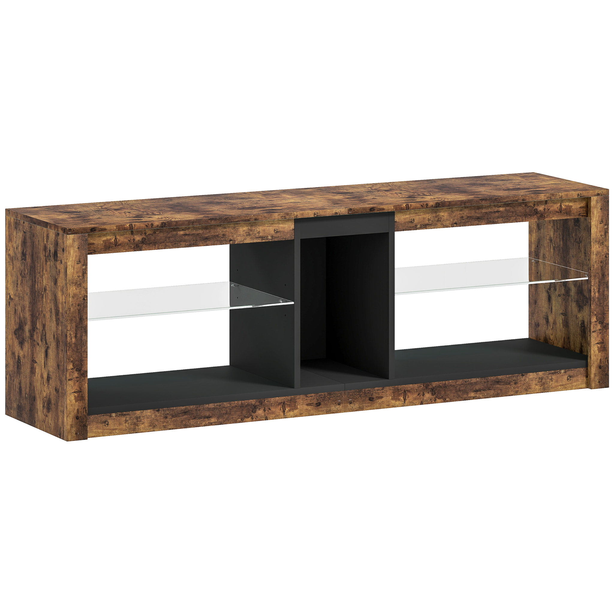 Meuble TV LED avec télécommande - banc TV design industriel - 2 étagères verre, niche centrale - effet bois noir