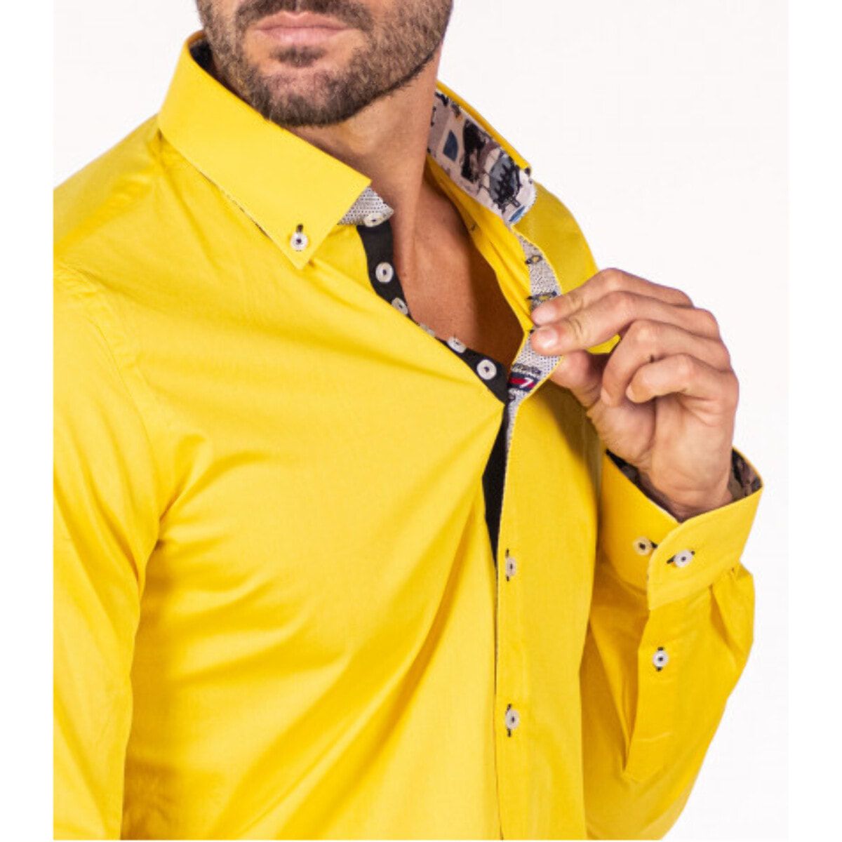 Camicia Uomo 1 Bottoni Button Down Slim Popeline Stretch Unito Giallo