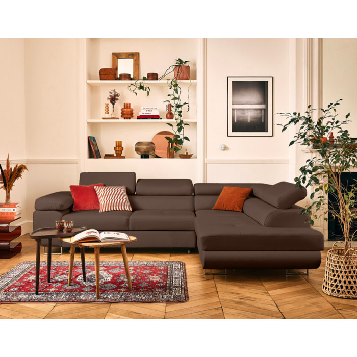 Zaria - canapé d'angle droit 5 places convertible avec coffre et têtières en cuir vegan - Marron