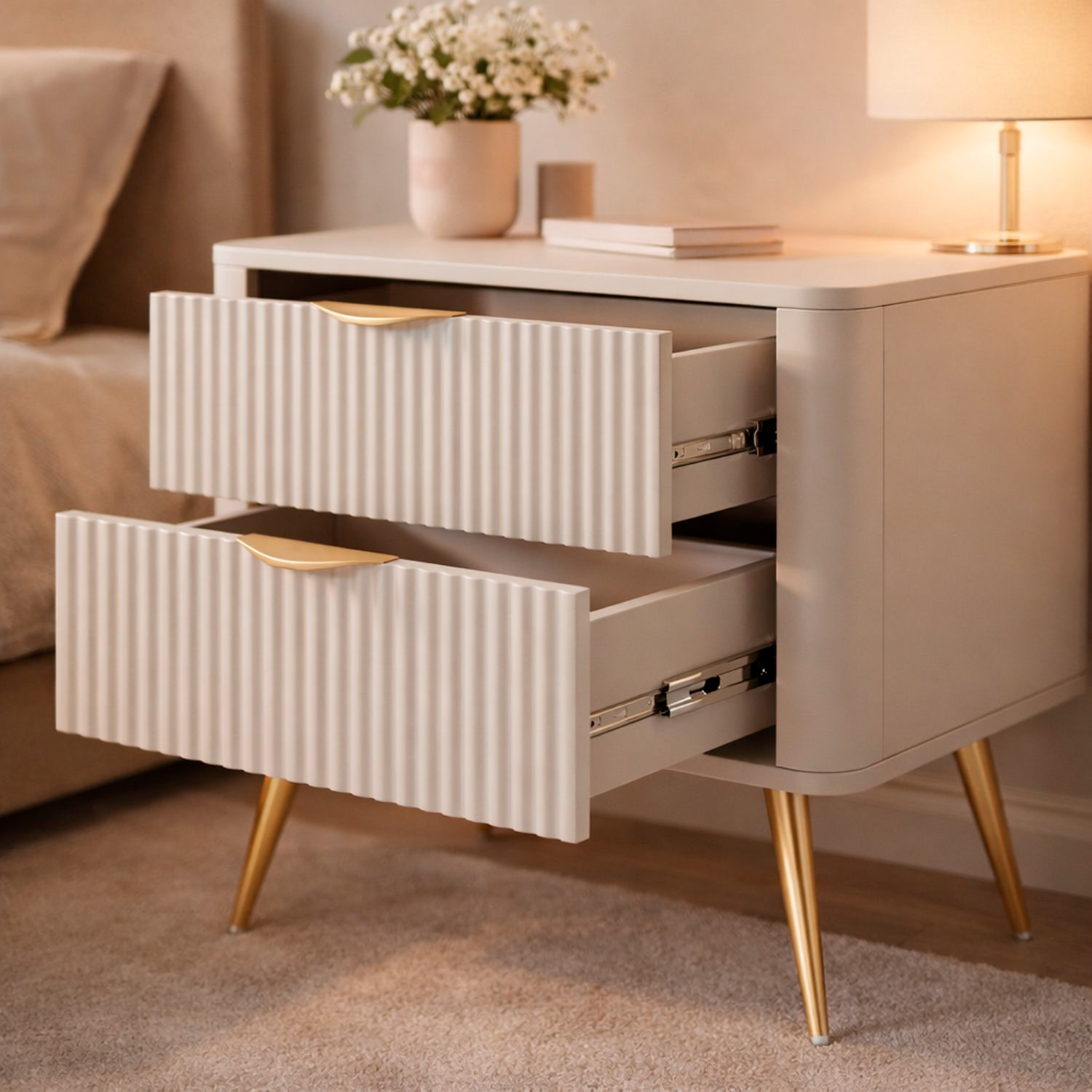 Comodino Moderno Con 2 Cassetti Con Piedini Alti Zona Notte 63,2 x 38 x 55,3 cm Beige