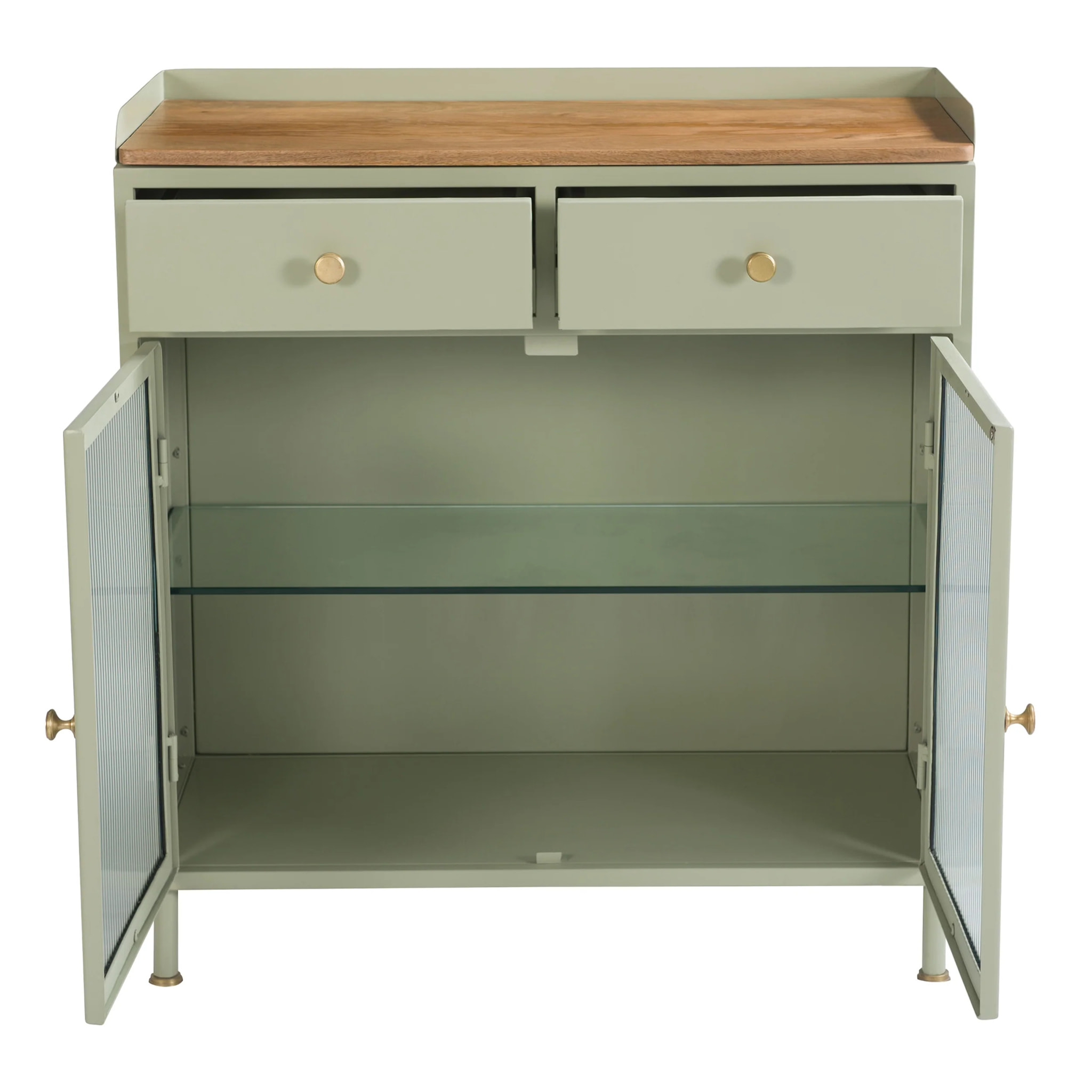 Buffet 2 portes 2 tiroirs en métal vert, manguier et verre - Marnie