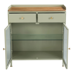 Buffet 2 portes 2 tiroirs en métal vert, manguier et verre - Marnie