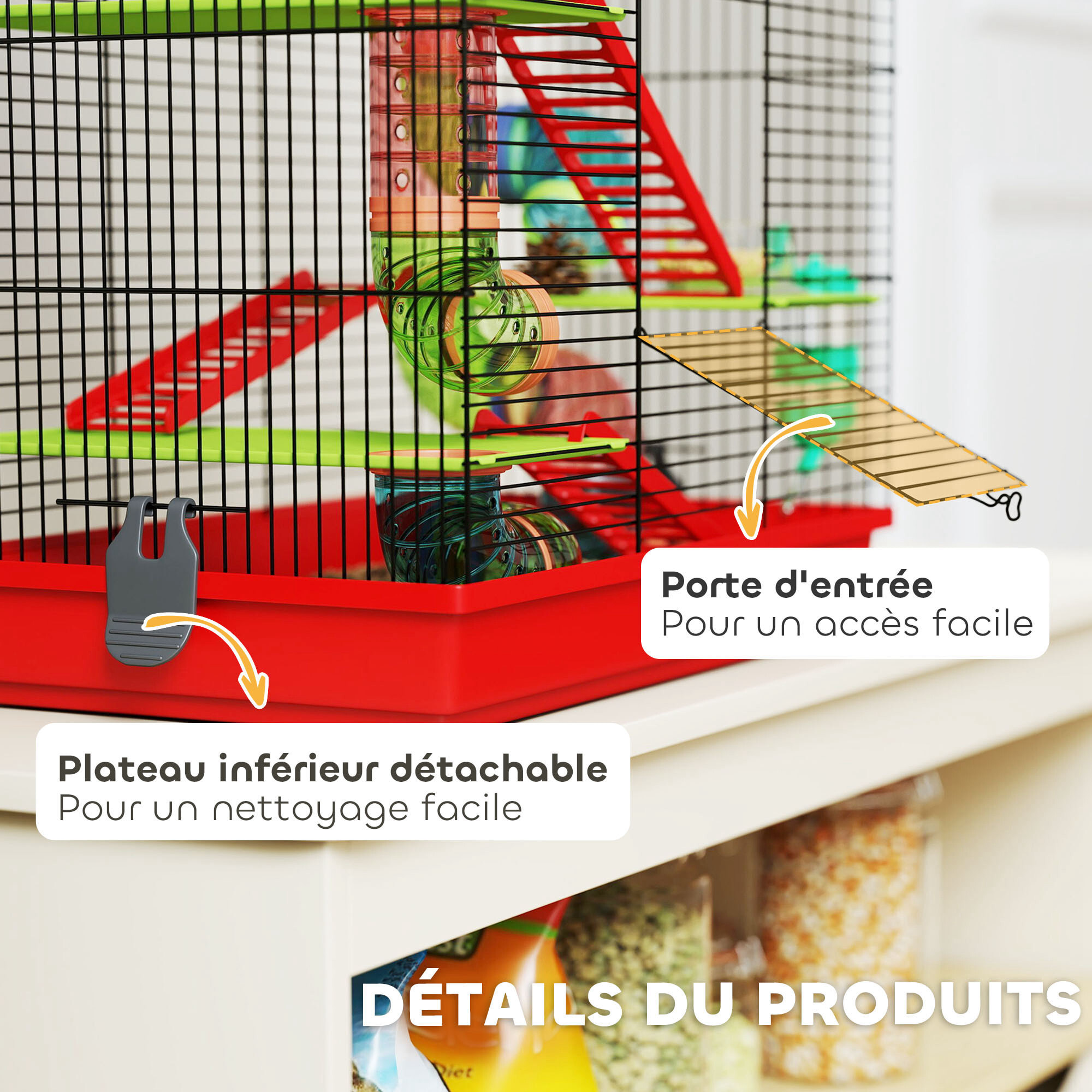 Cage pour hamster souris petits animaux rongeur avec tunnel mangeoire roue jouet 47 x 30 x 59 cm cm rouge