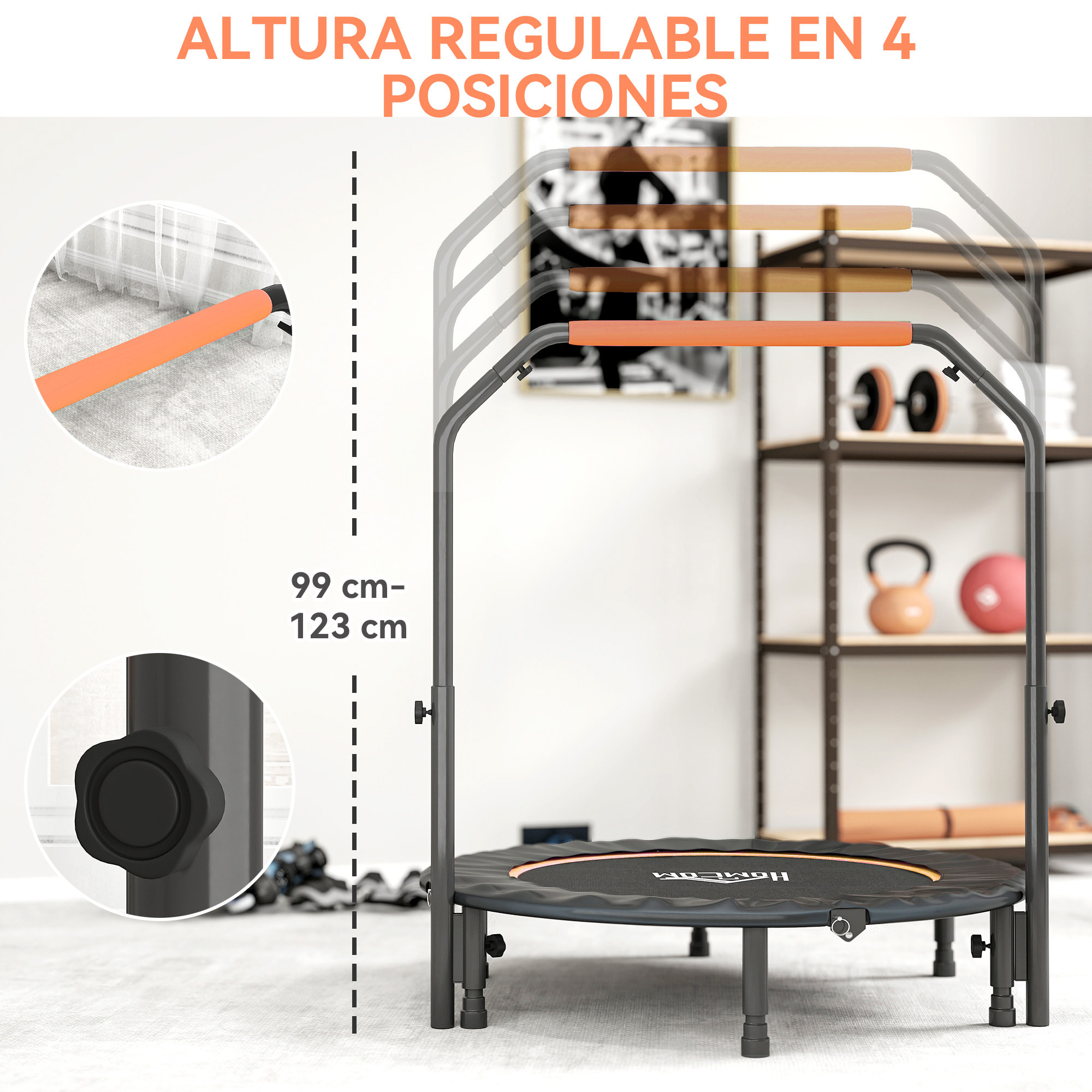 Trampolín de Fitness Adultos Ø114 cm, Cama Elástica Plegable con Mango Ajustable de 4 Niveles, Marco de Acero, para Entrenamiento Piernas, Cuerpo en Hogar, Oficina, Gimnasio, Naranja y Negro