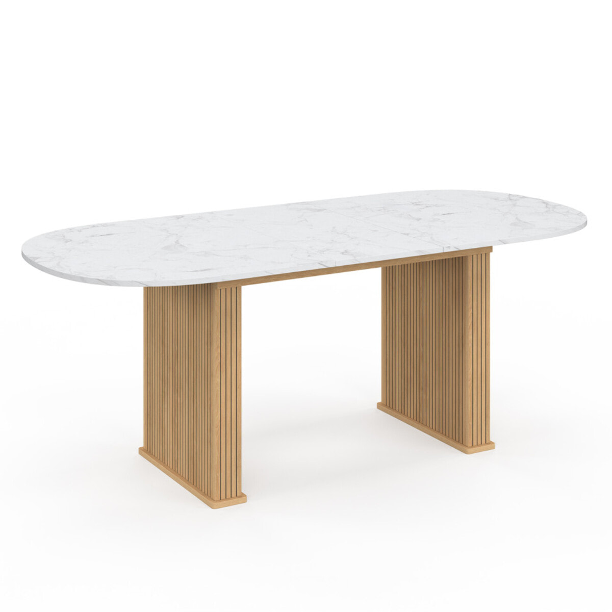 Table à manger extensible Marceau effet marbre blanc et pieds lattes 160-200cm