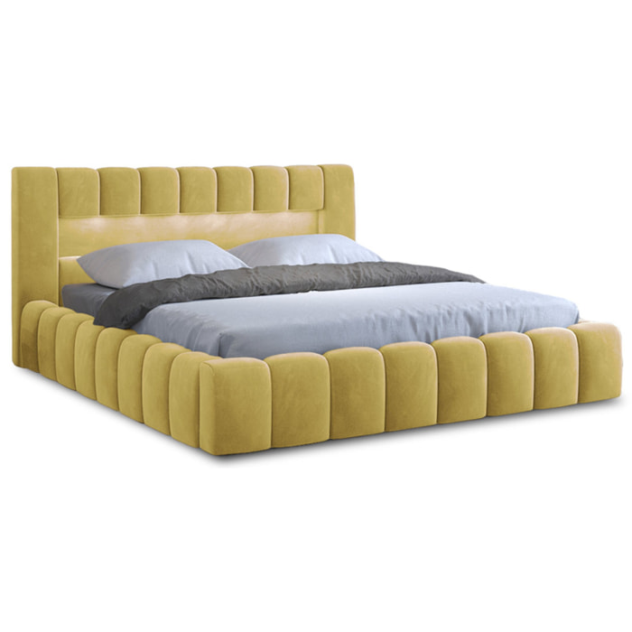 Cleo - lit coffre avec led - 160x200 cm - sommier inclus - en velours - Jaune